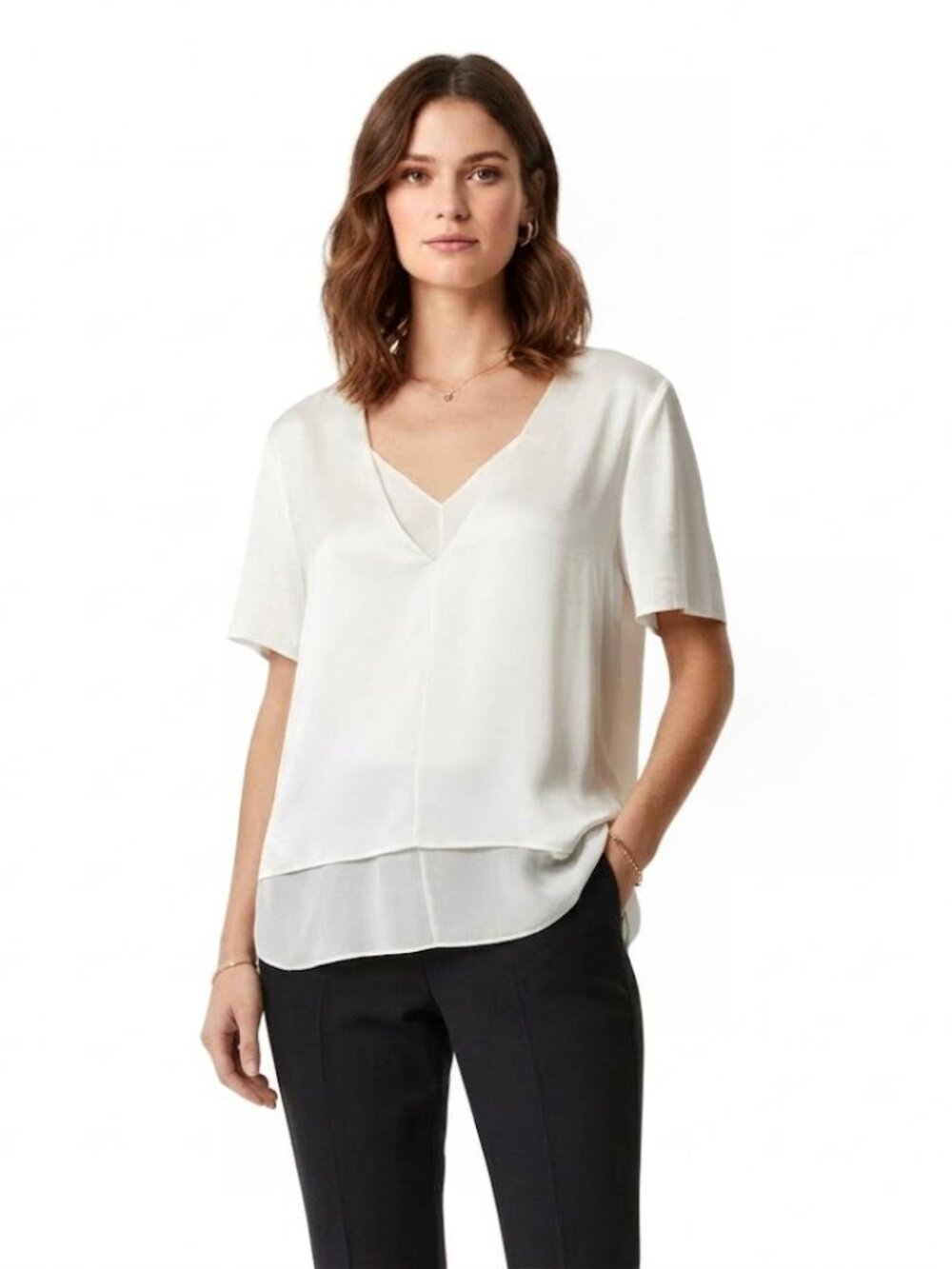 Alexander Wang Ivory Silk V-Neck Blouse with Layered Hem, Womens Size 6